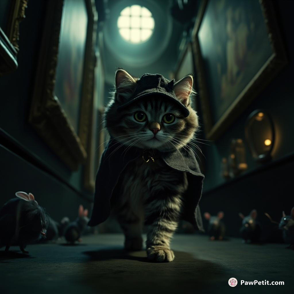A noir-style cat detective examining a world-famous painting stolen by mice in a dimly lit museum.