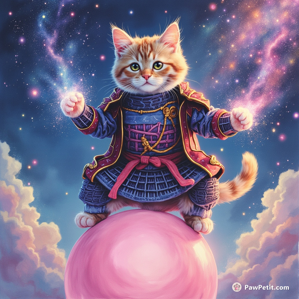Cat conjuring a galaxy whisker by whisker in neon Samurai armor, balancing on a pink floating bubble.