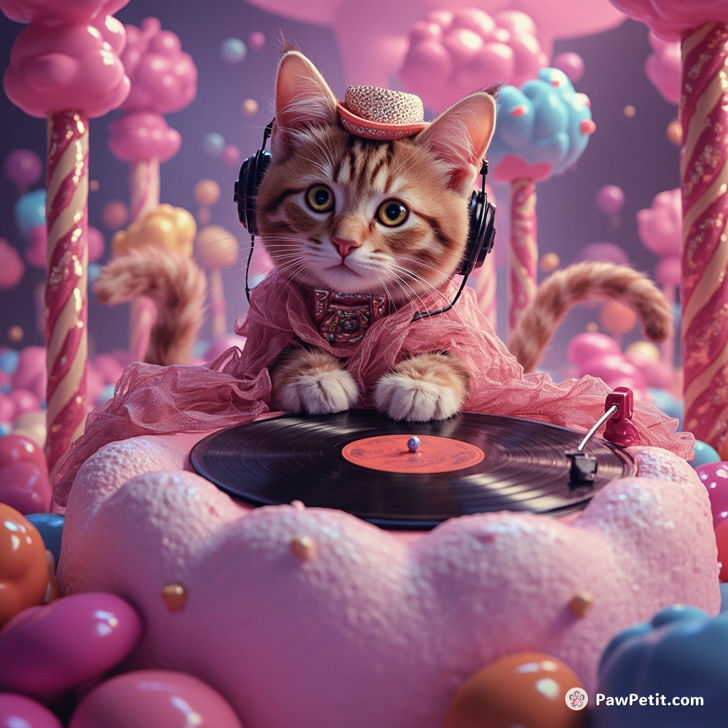 Glamorous cat DJ spinning vinyl records atop a giant marshmallow in a candy-themed club.