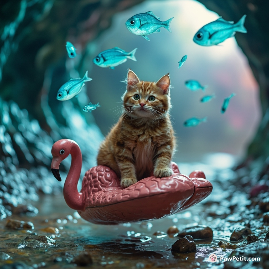 A ginger cat riding a flamingo-shaped hoverboard, juggling sapphire-blue fish in an underground alien crystal cave.