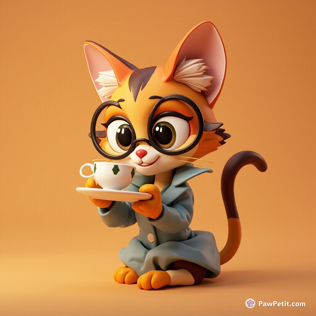 A feline sophisticate relishes her morning brew, attempting a two-paw possession of elegance with her own small teacup.