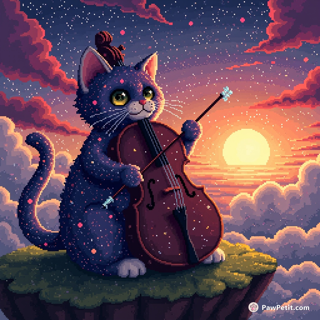Cat composed of swirling constellations performing a symphony on an oversized cello at sunset on a floating island.