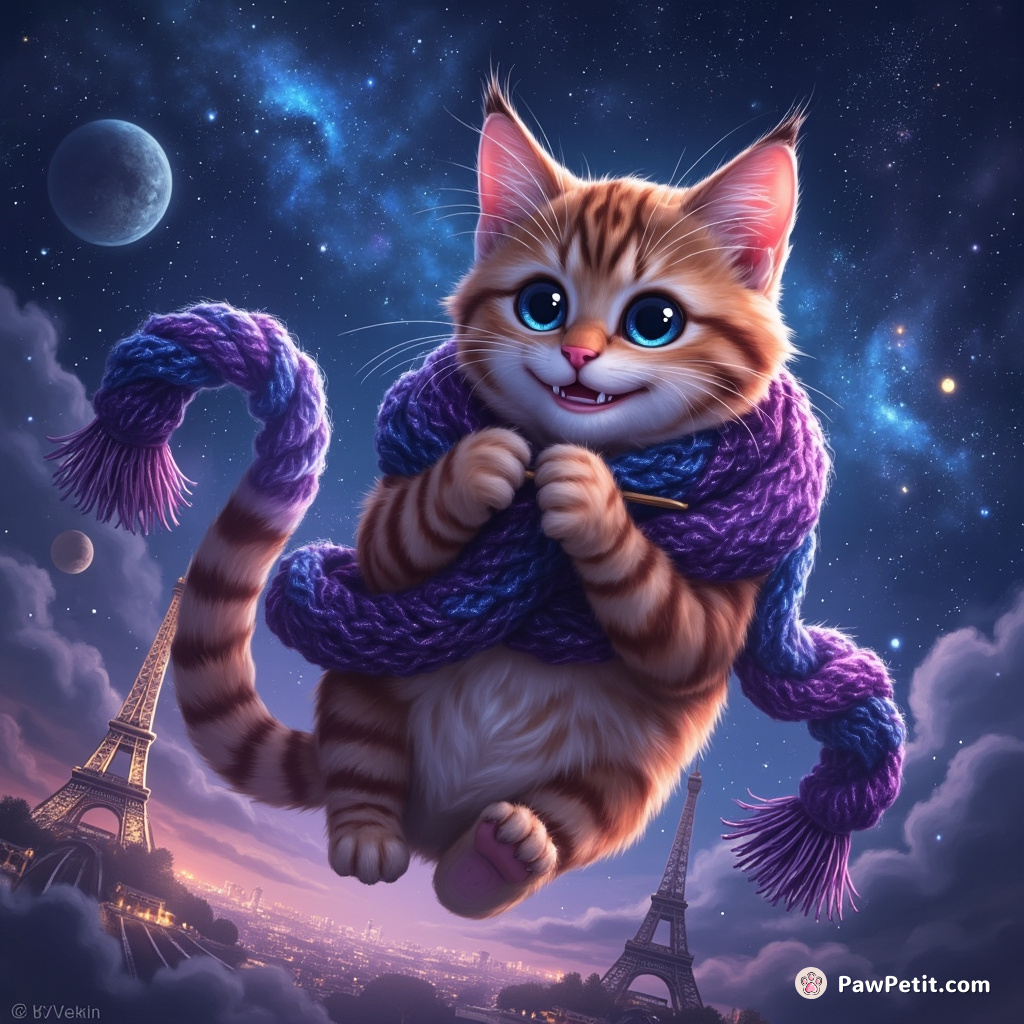 A grinning Cheshire cat knitting a starry infinity scarf with nebulae and constellations while levitating above Paris.