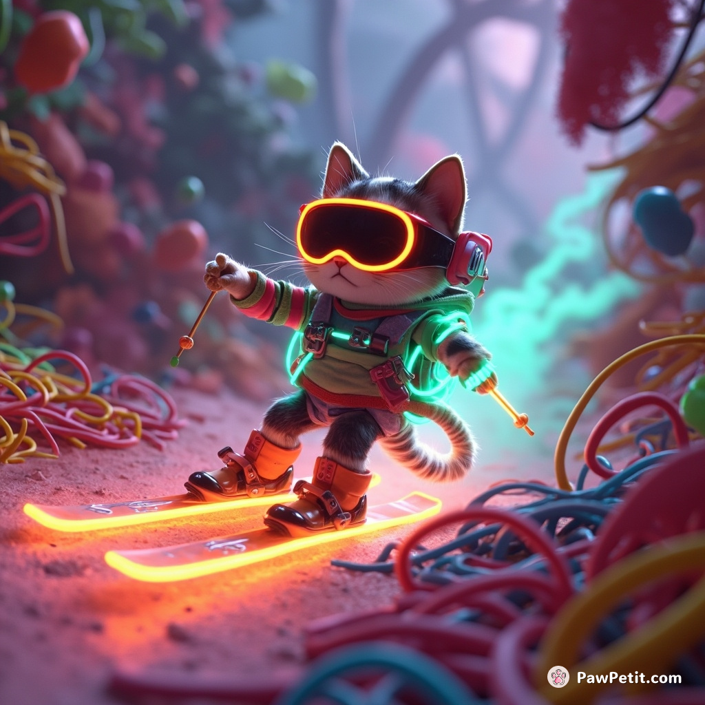A calico cat wearing glowing neon skis, effortlessly slaloming through a rainbow spaghetti jungle.