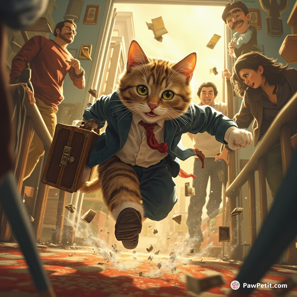 Whiskers: Sees humans rushing to work, mimics by bolting around the house with a briefcase full of catnip.