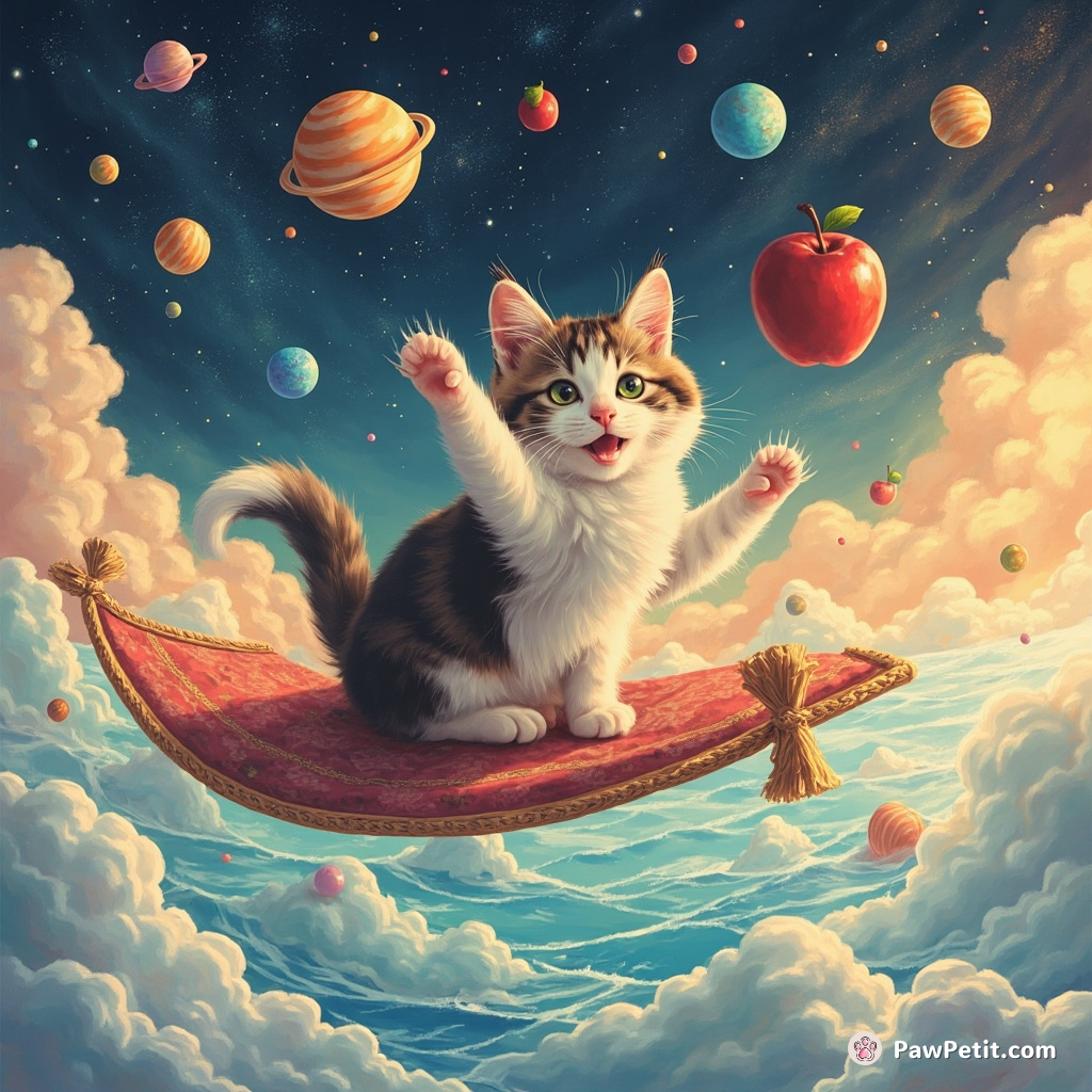A calico cat juggling miniature planets while apple bobbing on a flying magic carpet over an ocean made of ice cream.