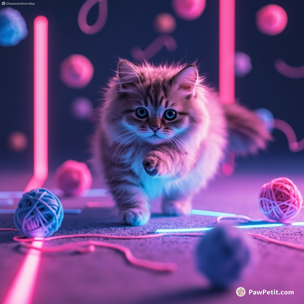 The virtual cat gracefully leaps between pixels, chasing after neon yarn balls in an endless loop of playful antics.