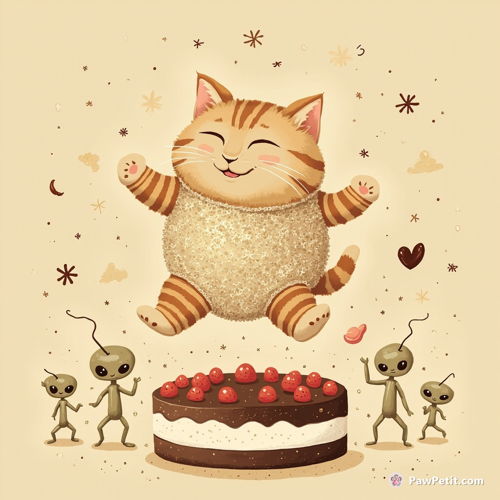 A pudgy cat in a sequin bodysuit breakdancing on a giant tiramisu, with curious aliens cheering in the background.