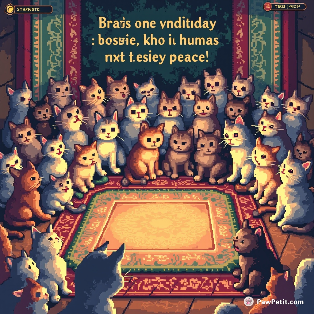 The feline council convenes, decreeing humans must bow and offer daily tuna tributes for peace.