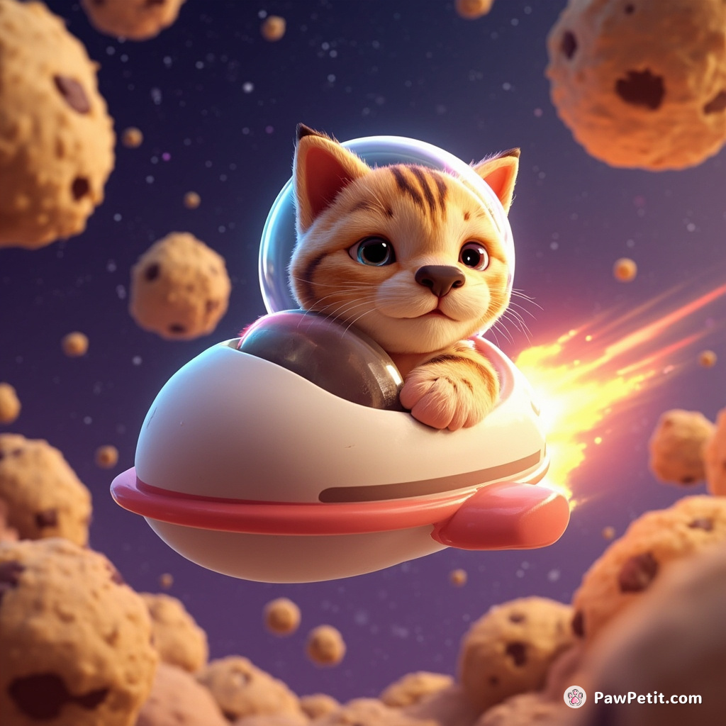 A tabby cat piloting a marshmallow spaceship through a crunchy cookie asteroid field.