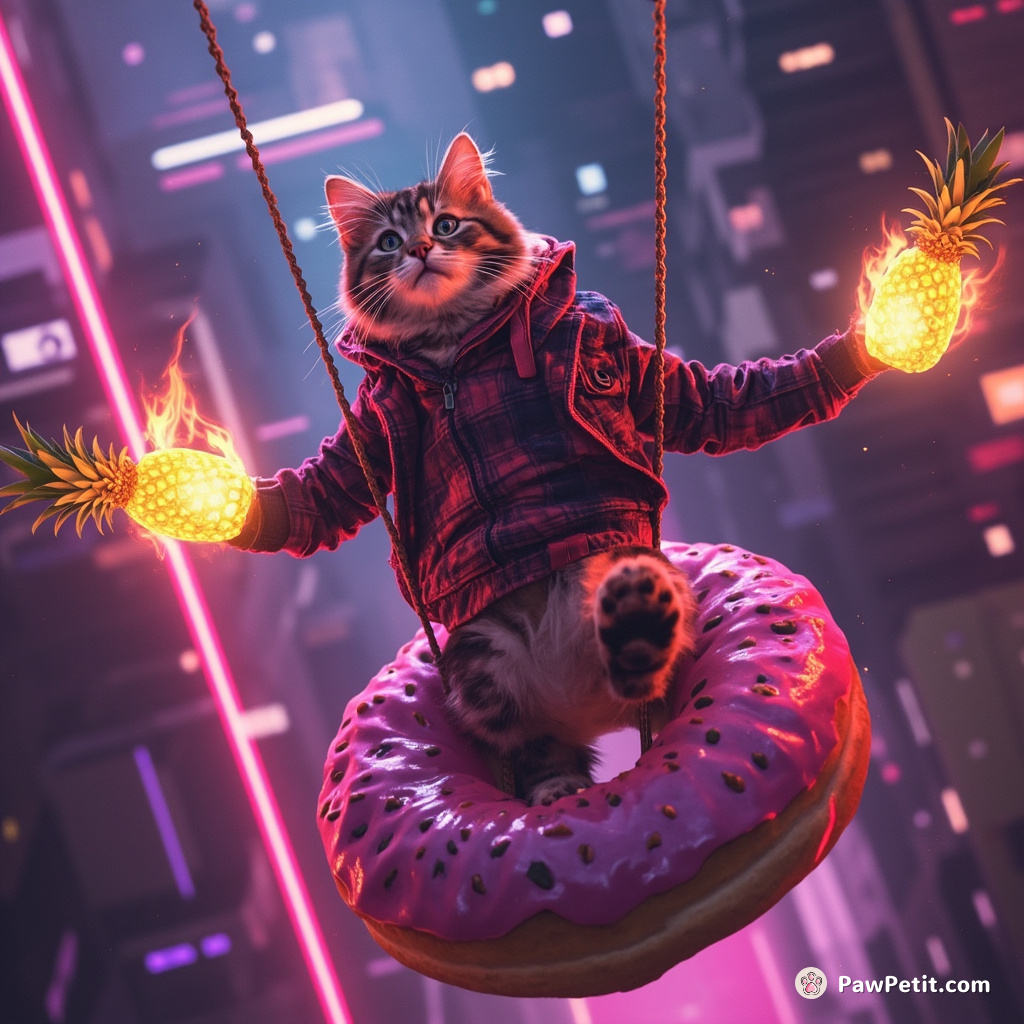 Cat bungee-jumping off a jelly doughnut while juggling flaming pineapples.