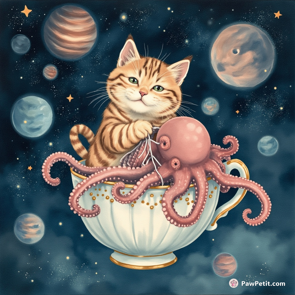 Cat floating in a teacup through an asteroid field, knitting a duvet cover for an octopus.