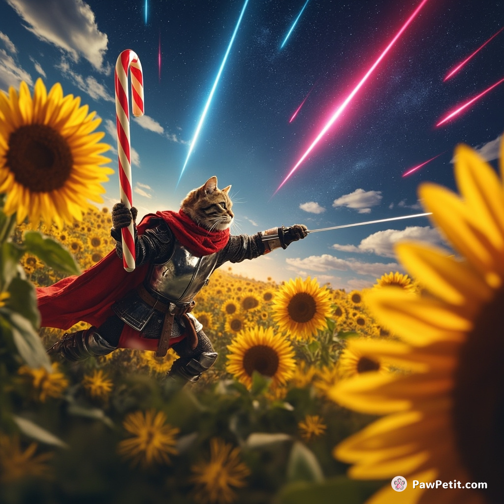 Cat knight fencing with a colourful candy cane in a sunflower field during a neon comet shower.