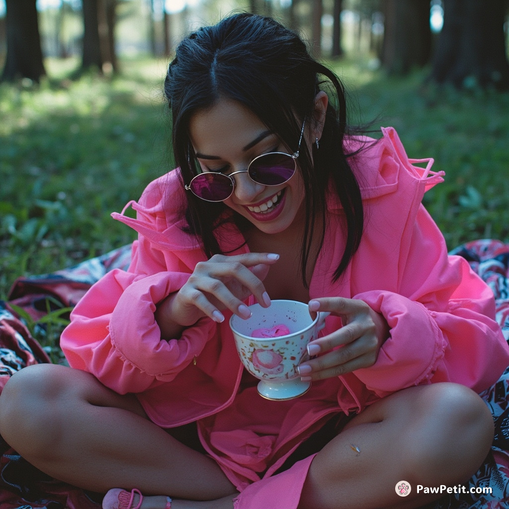 In nature's thrall, claws amid picnic, she savagely paw-knocked an iambs-filled teacup violently scattering tranquility shards.