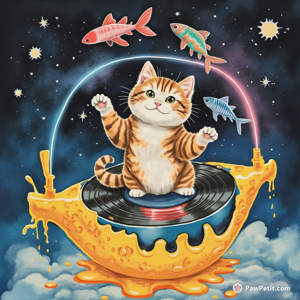 A three-headed cat juggling cosmic fishes atop a melting vinyl record, inside a neon space submarine powered by liquid cheese.