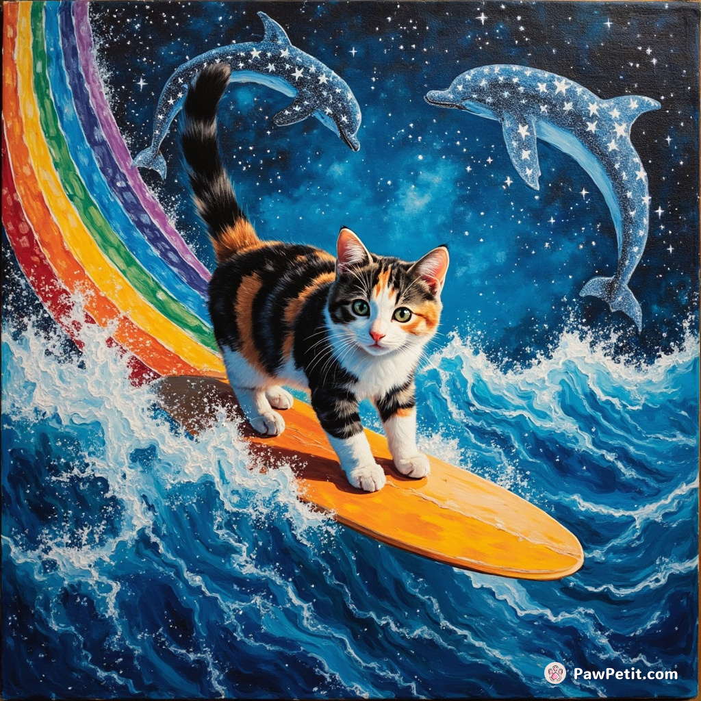 A calico cat surfing a rainbow wave in a cosmic ocean with dolphins made of stars.