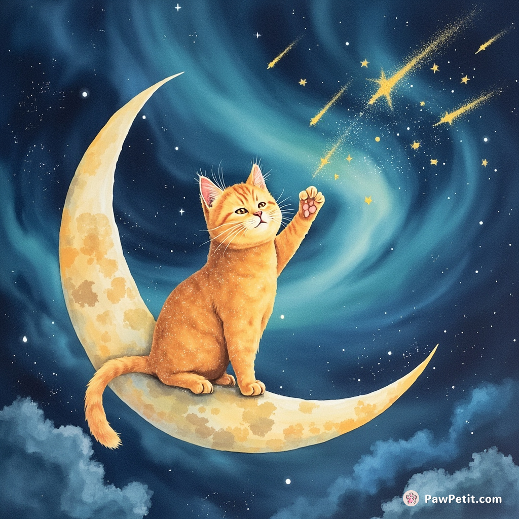 A cosmic cat made of stardust balancing on a floating crescent moon, juggling meteors with its tail amidst an aurora borealis.