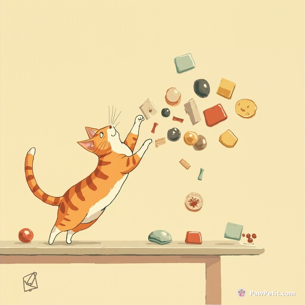 The cat leaps onto the counter, knocking various objects over as it confidently tackles a complex puzzle unsolved by humans.