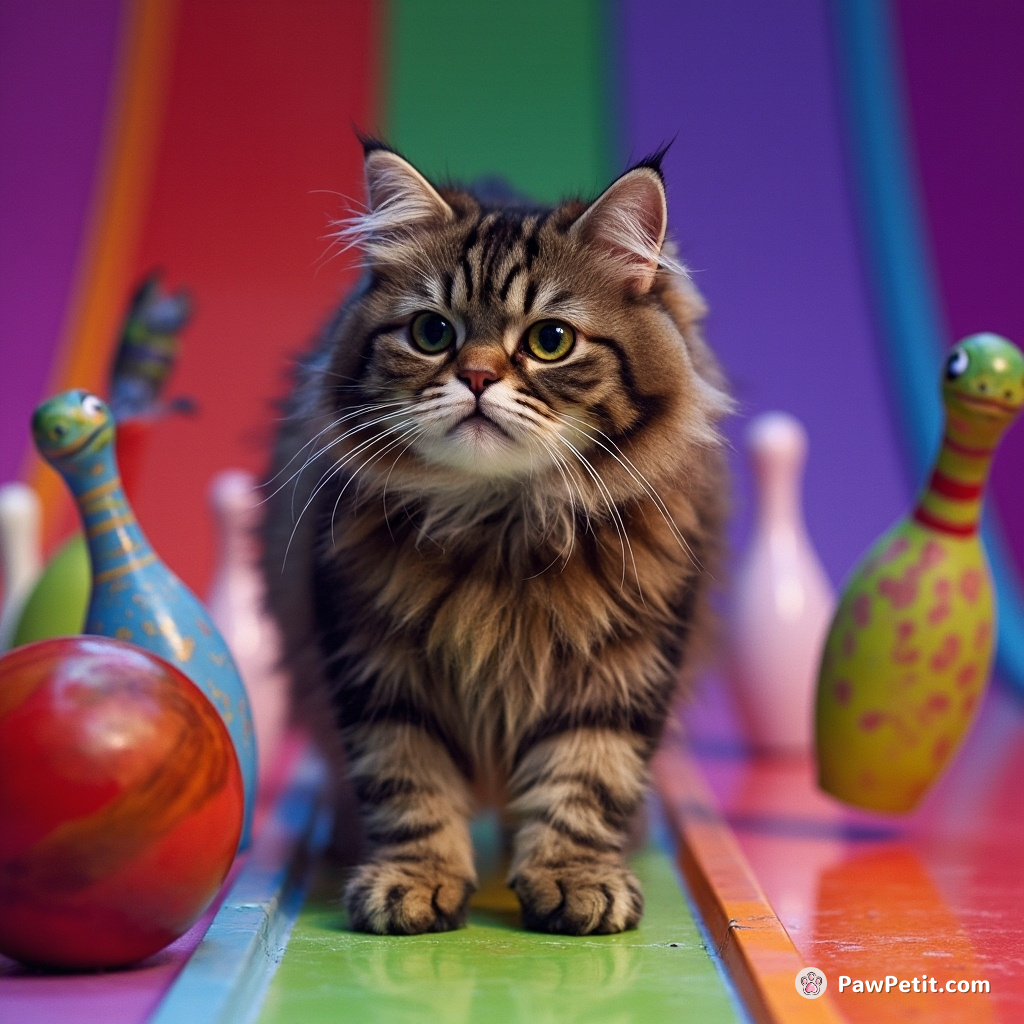 A zombified cat bowling with lizard-shaped pins on a technicolor rainbow alley.