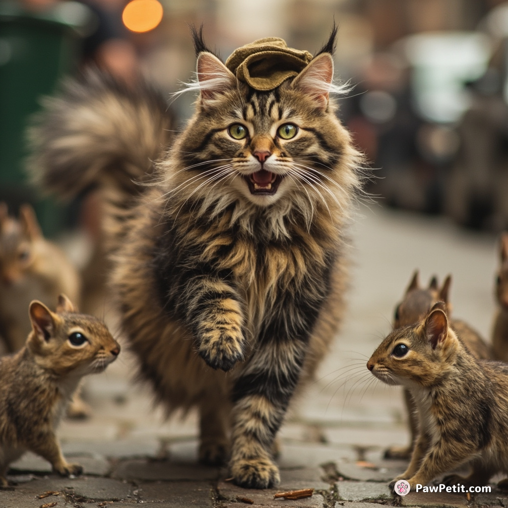 Cat, wearing tiny hat, leads a parade of squirrels, knocking over trash cans with a dramatic paw swipe.