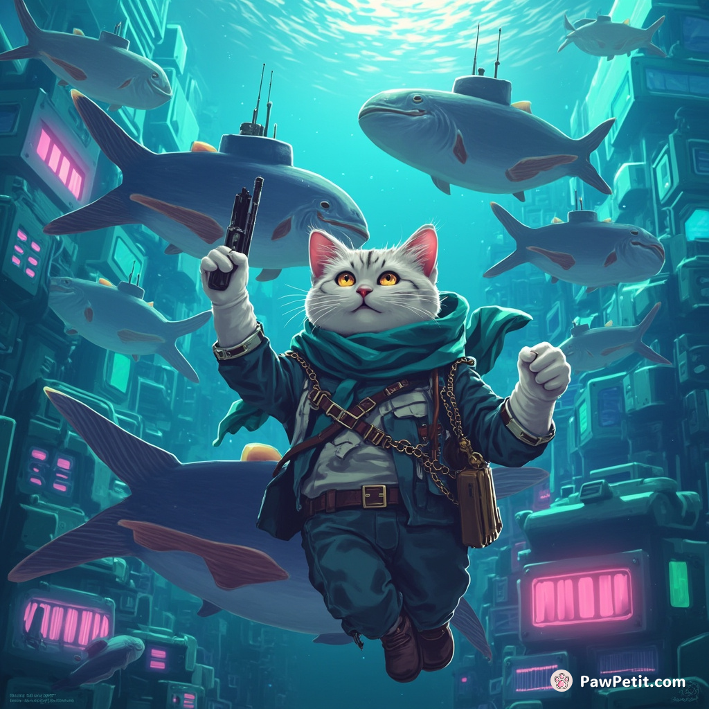 Cat commanding a fleet of fish-shaped submarines in an underwater neon city.