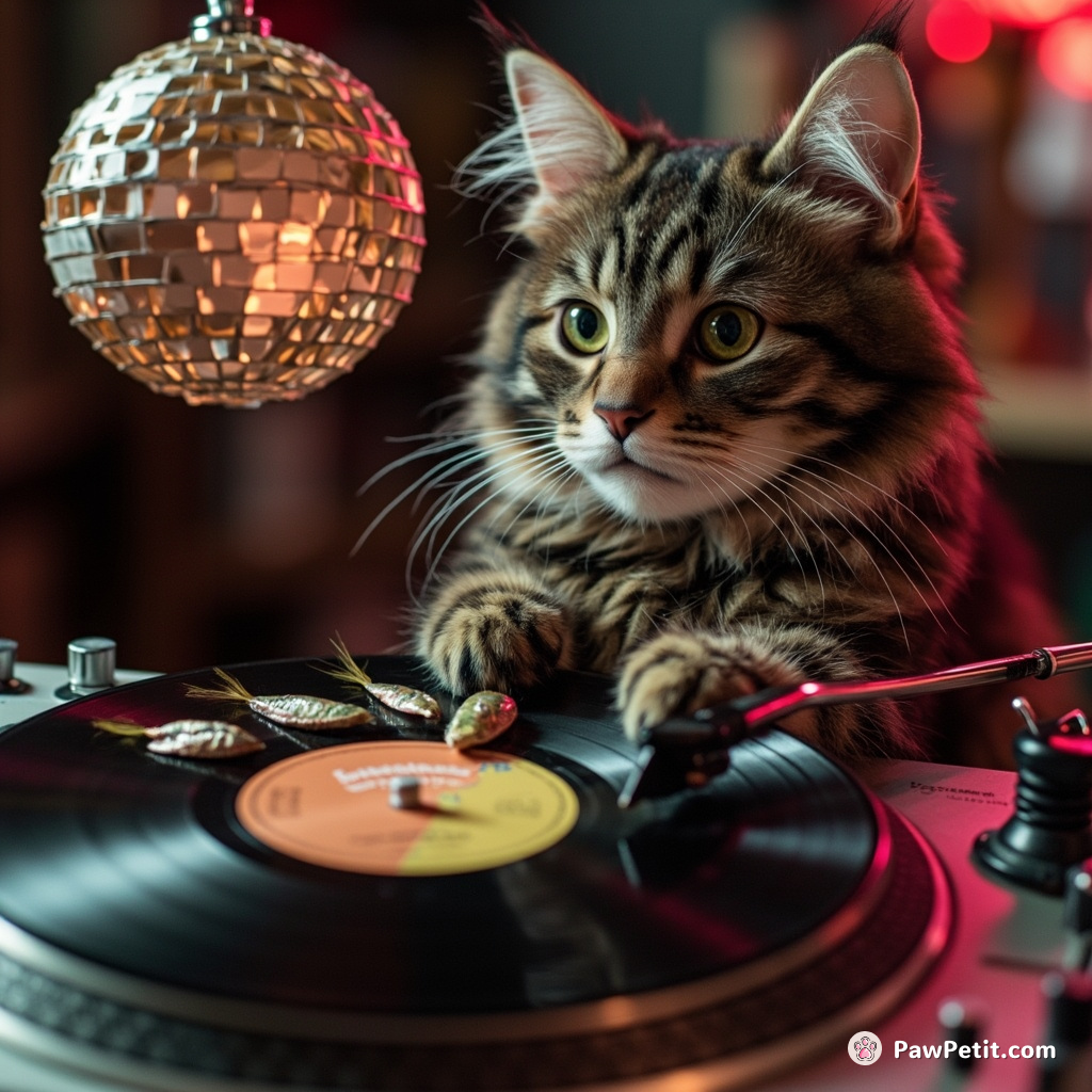 A cat doubling as a retro disco DJ, spinning vinyl records made of sardines on a turntable made from yarn balls under a hummingbird disco ball.