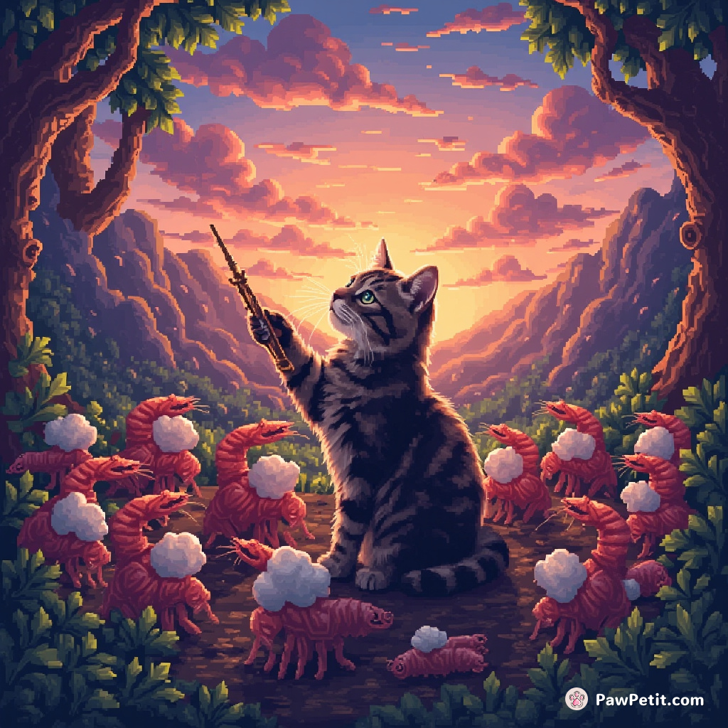 A tabby cat conducting a symphony orchestra of shrimish with cloud instruments in the middle of an alien jungle at dawn.
