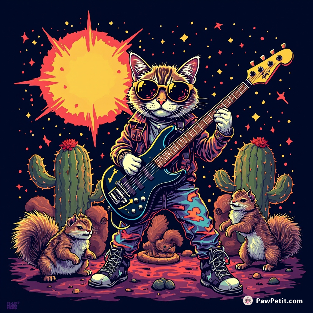 A punk rock cat shredding a git-bass, surrounded by headbanging squirrels at the foot of a glowing cactus.