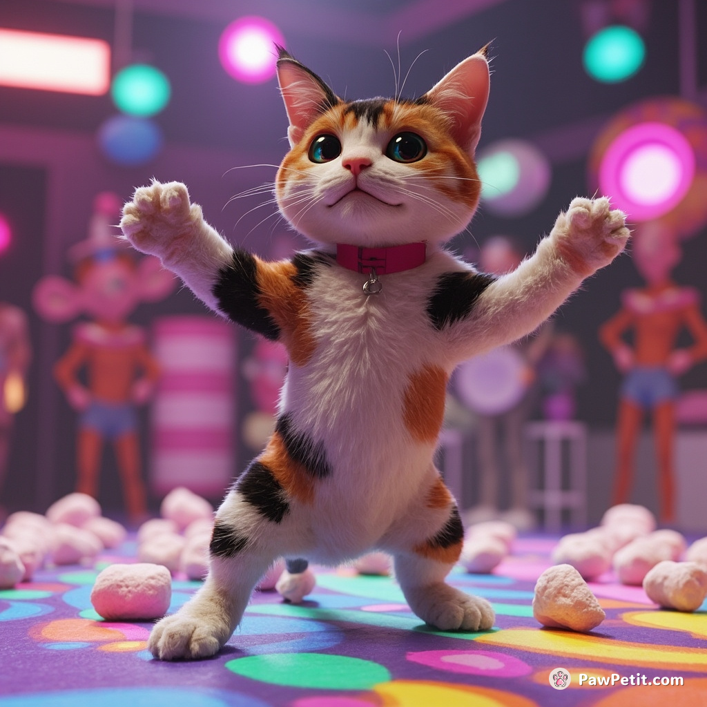 A calico cat doing breakdance on a marshmallow disco floor in a Martian rave party.