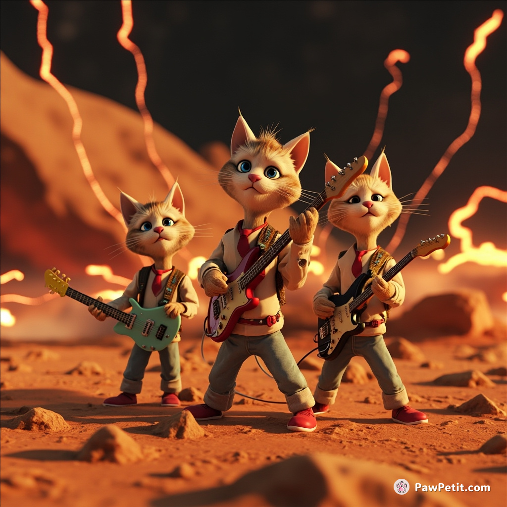 Cats forming a Rolling Stones cover band on Mars, complete with guitar solos.
