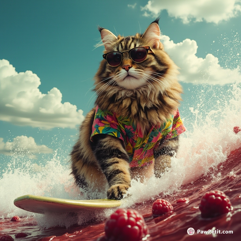 A colossal cat surfing on a tidal wave of raspberry jam, wearing sunglasses and Hawaiian shirt.