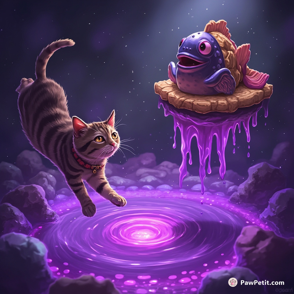 A tabby cat plunging into a pool of glowing purple jelly, while an angler fish applauds politely from a flamboyantly decorated cookie dough raft.