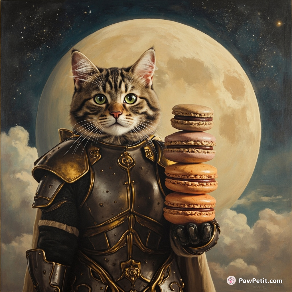 Victorious, armor-clad cat presenting its freshly baked macaron tower on a dessert-themed moon.