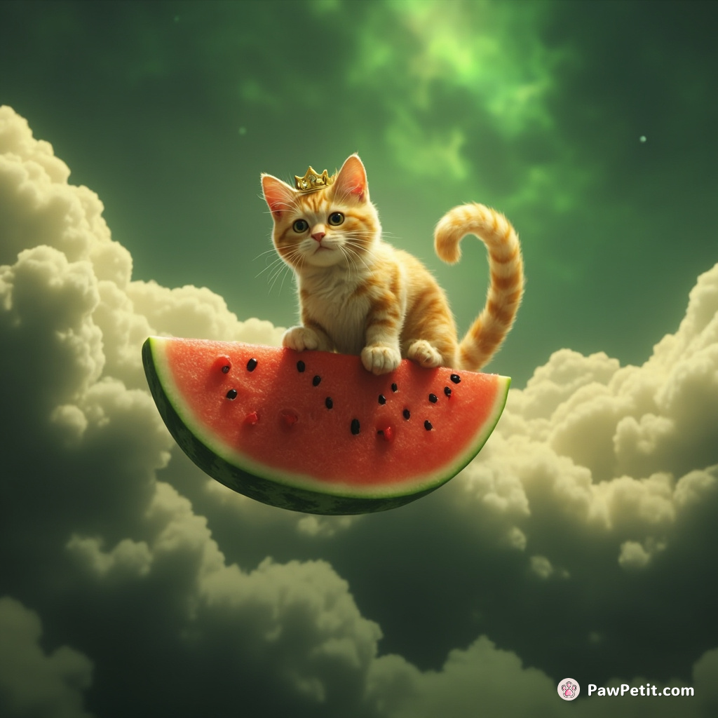 A royal cat riding a slice of sentient watermelon through a vanilla-scented, green-clouded space nebula.