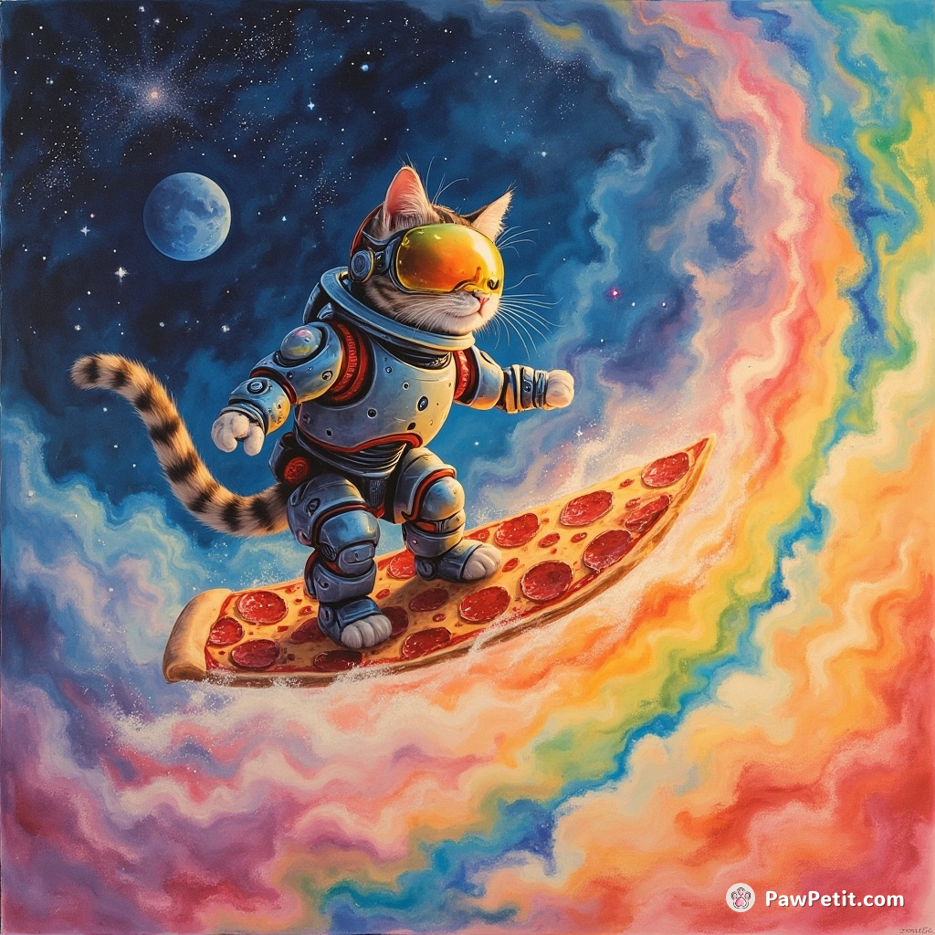 Cyborg cat joyfully surfing on a giant intergalactic pizza slice through a swirling nebula rainbow