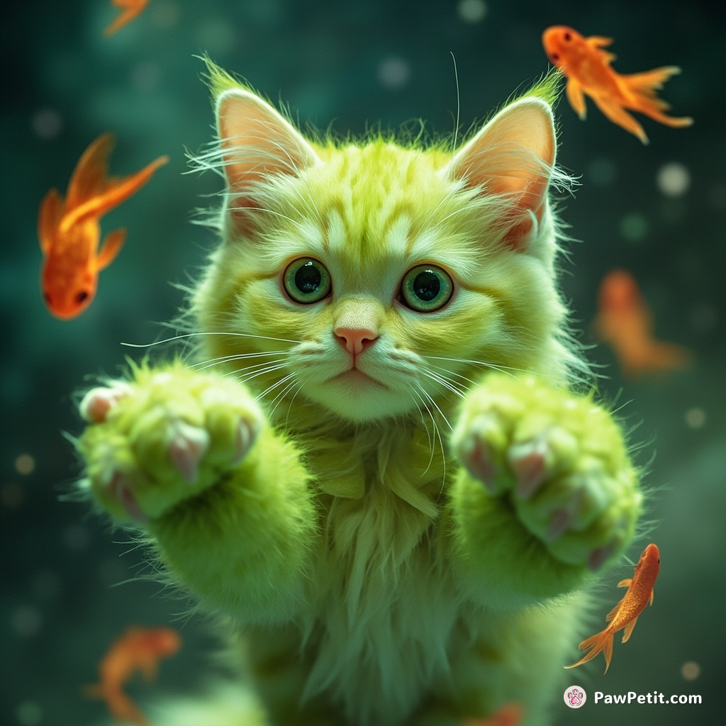 A lime-green feline glimpse into a universe via interdimensional gloves, juggling quantum fish.
