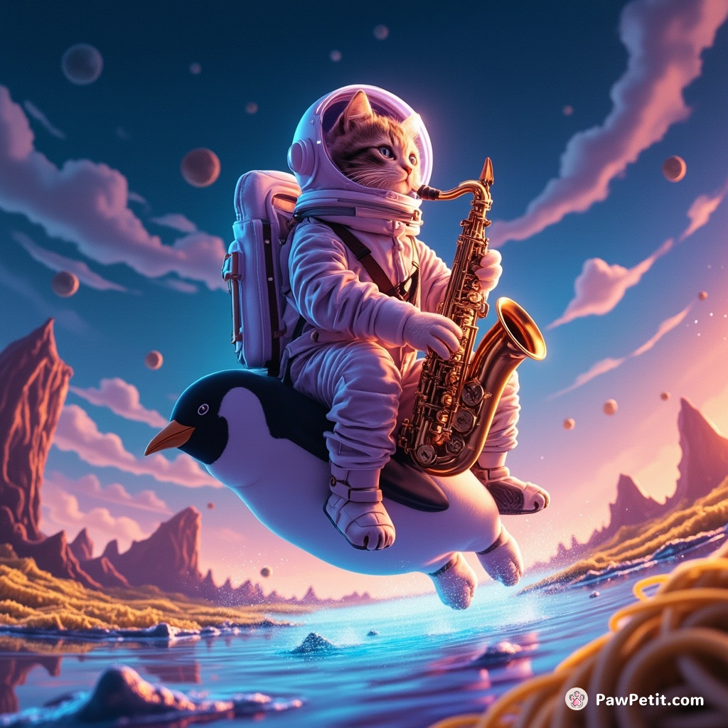 Cat wearing an astronaut suit, playing a flashy neon saxophone while riding on top of a jumping penguin across shimmering spaghetti marshlands under bioluminescent sky.