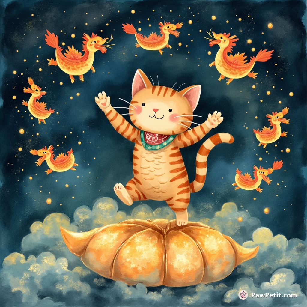 A disco dancing ginger cat balancing on a shimmery 粽子 in the cosmos, juggling illuminated dragon boats.