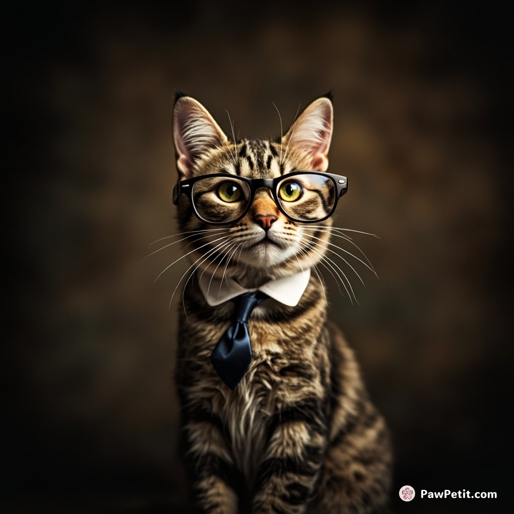 The cat stood upright, sternly adjusting imaginary glasses on its whisker-marked snout with a formal grace.