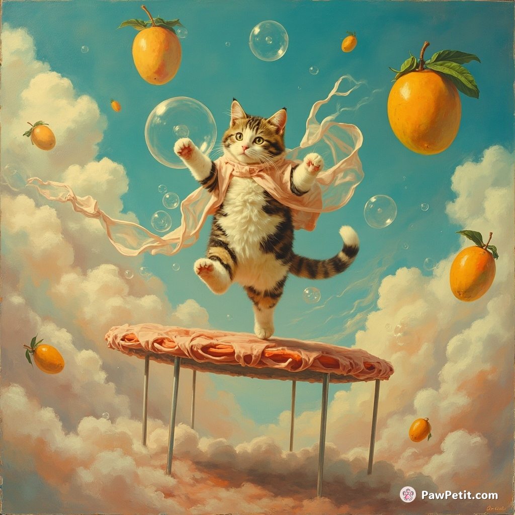 Magic-wielding cat bouncing on a bubblegum trampoline in a sky full of ripe, floating mangoes.