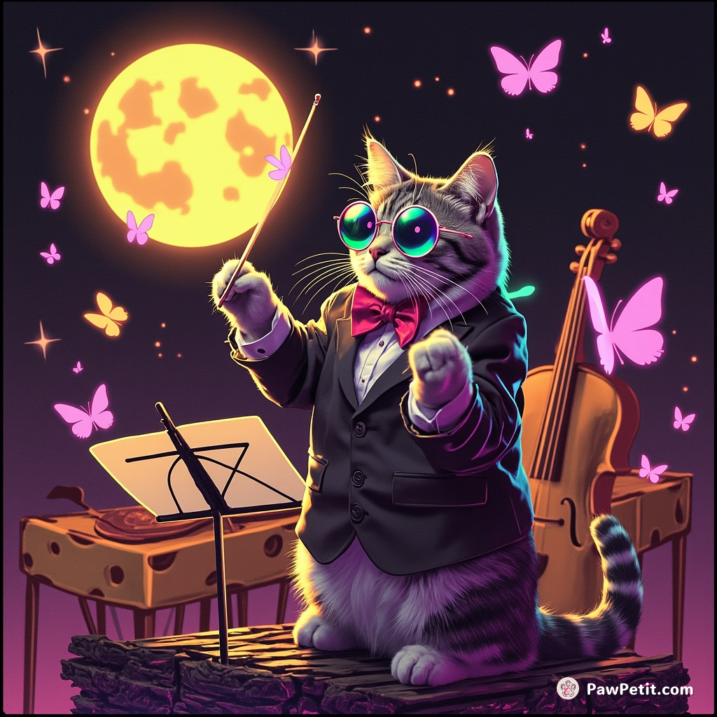 Cat conducting a symphony orchestra with butterflies instead of musicians on top of a gigantic cheese moon.