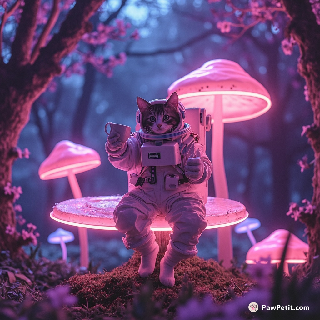 Anime-style cat cosplaying as an astronaut, hosting tea party on a fluorescent mushroom in dreamy neon forest.