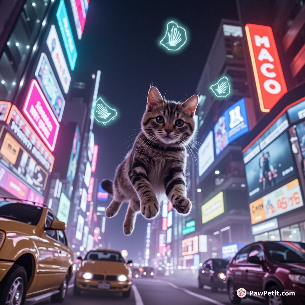 A cat leaps between levitating cars, deftly dodging holographic ads in the neon-lit cityscape.