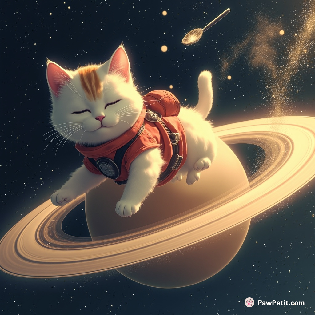 Space-dwelling cat leapfrogging over Saturn's rings with spoonfuls of cosmic dust.