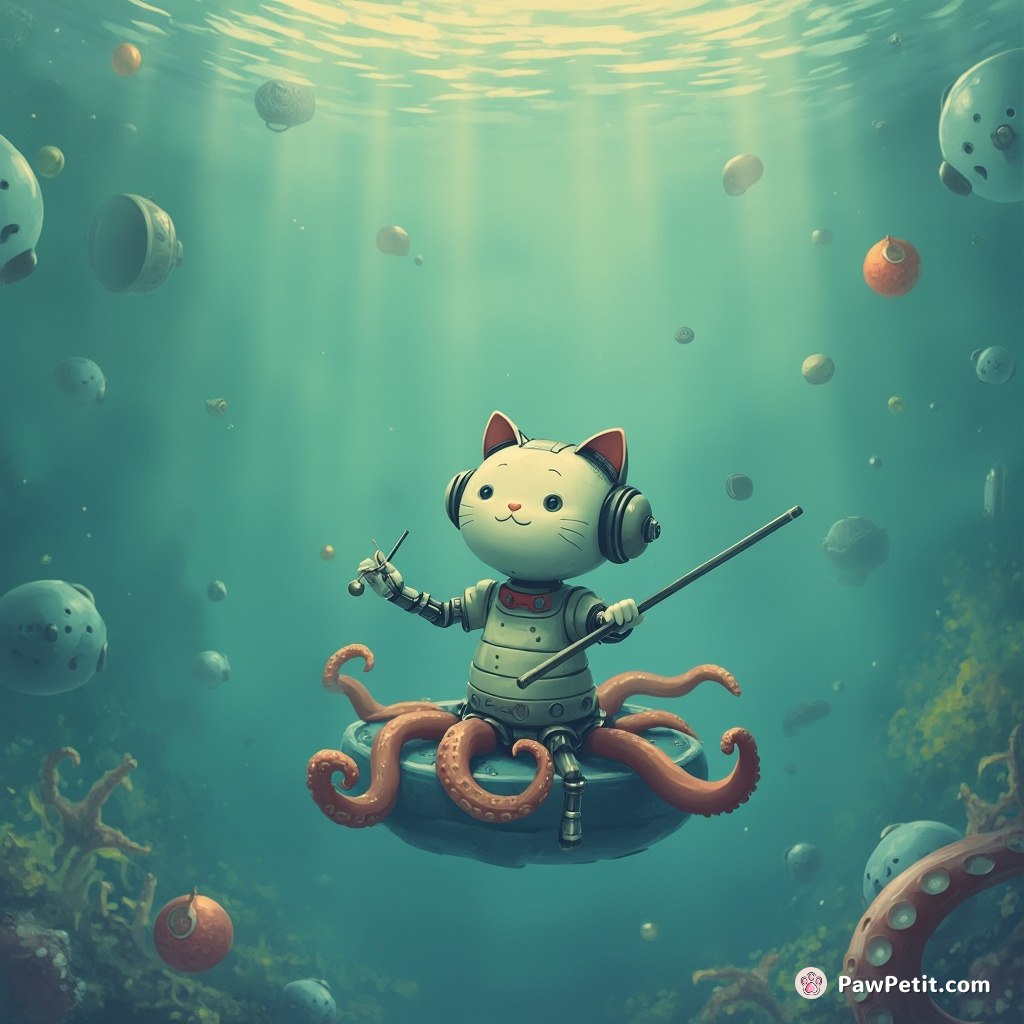 A robot cat performing a symphony on floating octopus tentacles in an undersea alien city.