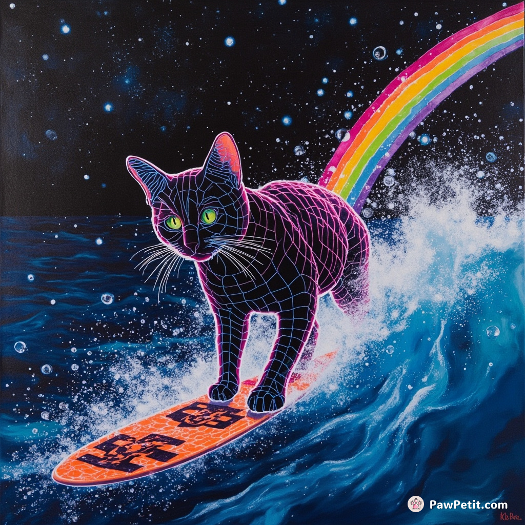 A neon-grid cyberspace cat, made of shimmering pixels, surfing on a motherboard wave amid an ocean of binary code under a firewall rainbow.
