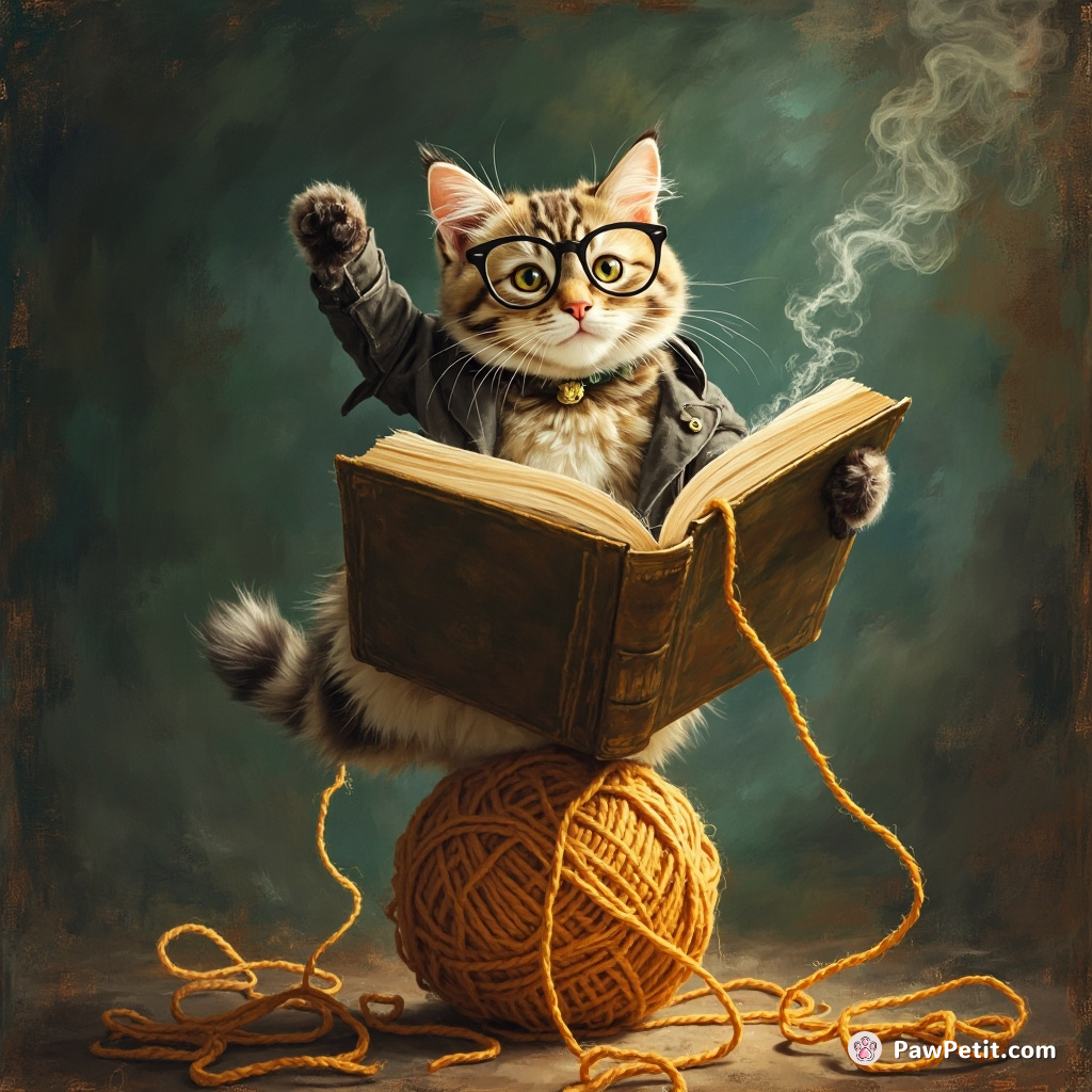 A cat dons glasses, dramatically reads Shakespeare upside-down, and demands applause while balancing on a ball of yarn.