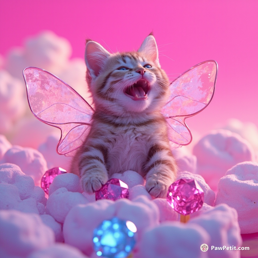 A cat with butterfly wings gleefully sipping nectar from giant diamond flowers on a floating marshmallow island, under a neon-pink sky.
