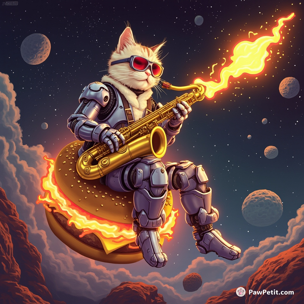 Cyborg cat playing a flaming saxophone on a floating cheeseburger amidst asteroid belts.