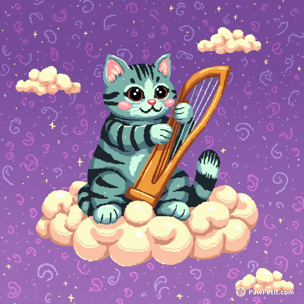 A teal-striped cat playing a golden harp while floating on a popcorn cloud in paisley-patterned purple sky.
